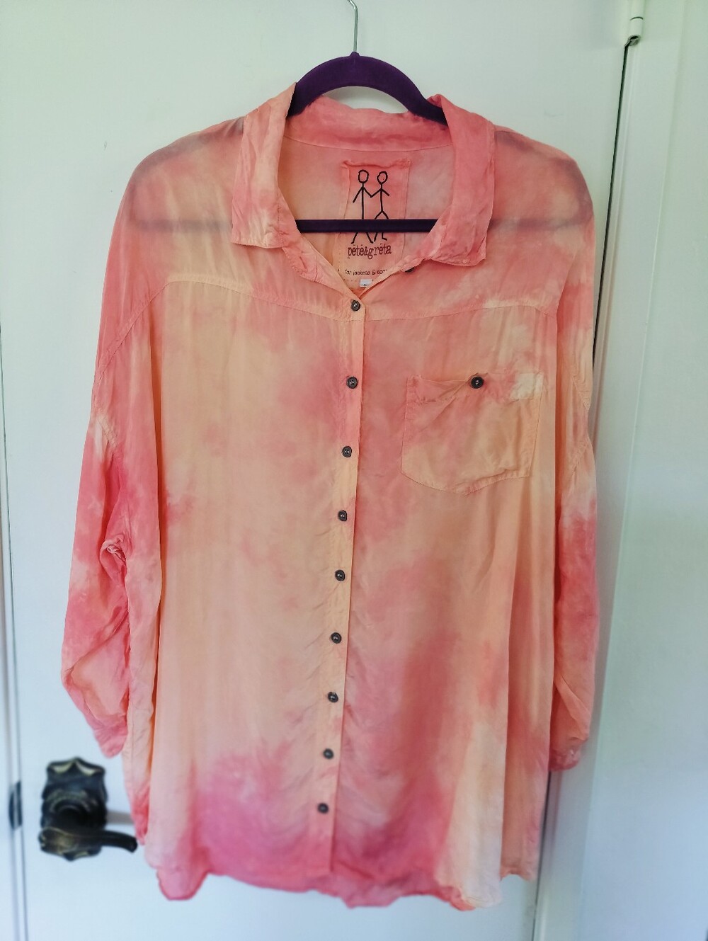 Johnny Was Pete & Greta Cupro Tie Dye Button Down Large Pink Orange Lagenlook